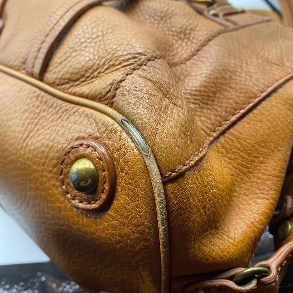 Lockheart satchel bag HEAVY pebbled leather tan brown w multi pockets Preowned - Picture 4 of 11